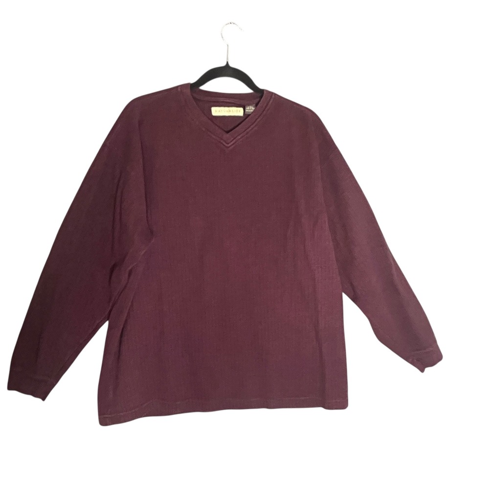 NATURALIFE Mens Burgundy Ribbed V Neck Long Sleeve Heavy Cotton‎ Shirt Size XL
